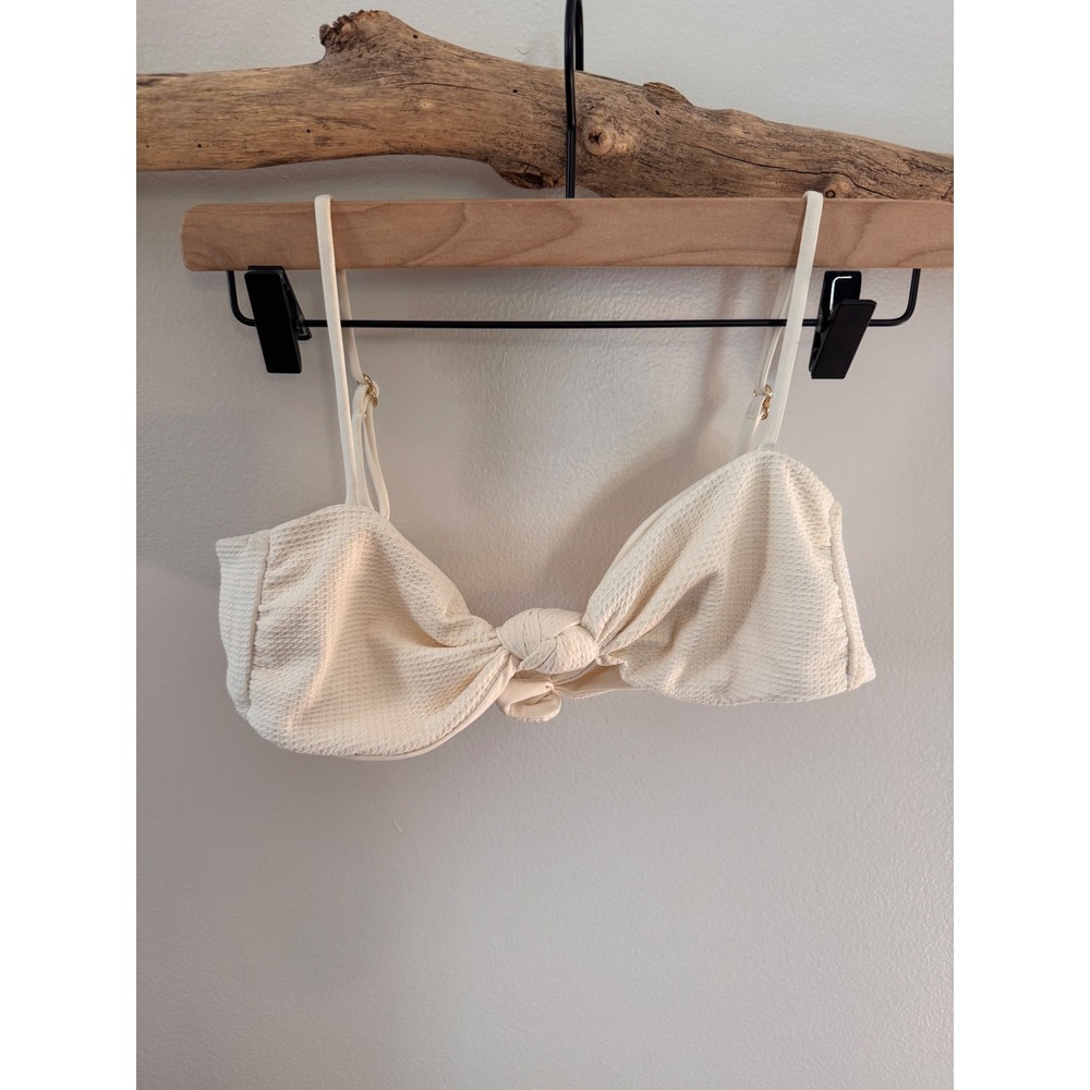 Textured Cream Knotted Front Bikini Top with Adjustable Straps Gold Hardware